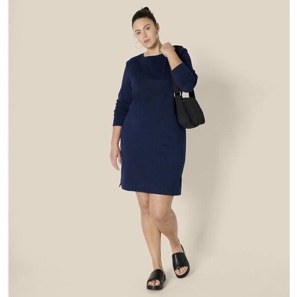 Nee WOMEN'S CREWNECK LONG-SLEEVE FLEECE ABOBE-THE-KNEE SWEATSHIRT DRESS NAVY XL - Picture 2 of 16